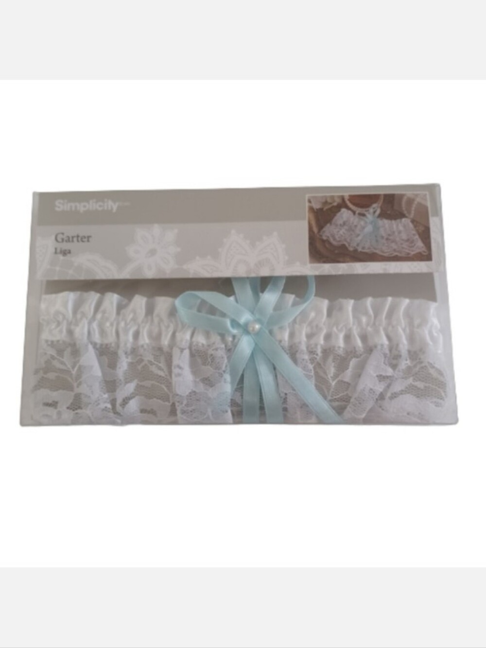 Simplicity Bridal Bride Garter Liga White Lace Blue Ribbon Wedding Party NWT